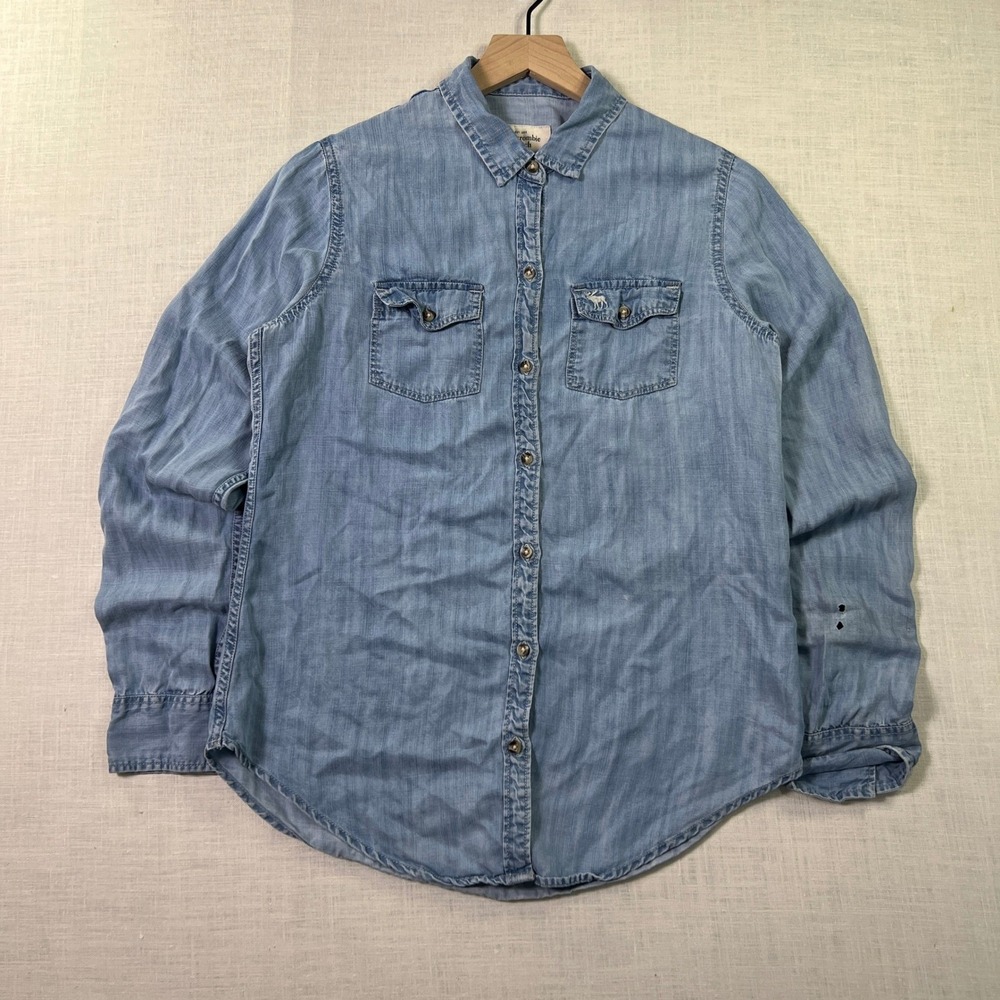 VTG Abercrombie & Fitch Button Up Shirt Women S Blue A&F Long Slv Distressed Y2K